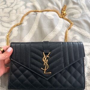Saint Laurent Black Quilted Leather Monogram Chain Wallet medium